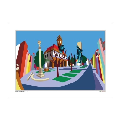 Impressão artística colorida de rua urbana com árvores, torre de relógio e coluna decorativa