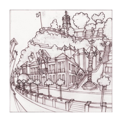 Desenho em preto e branco de paisagem urbana com edifícios e árvores