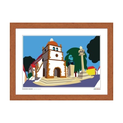 Quadro com ilustração estilizada de edifício histórico e monumento
