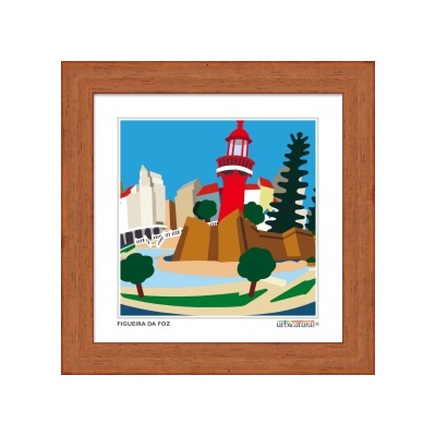 Ilustração colorida do farol da Figueira da Foz com moldura castanha.