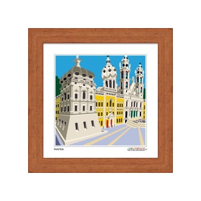 Ilustração colorida de edifícios históricos da Mafra emoldurada por moldura de madeira castanha