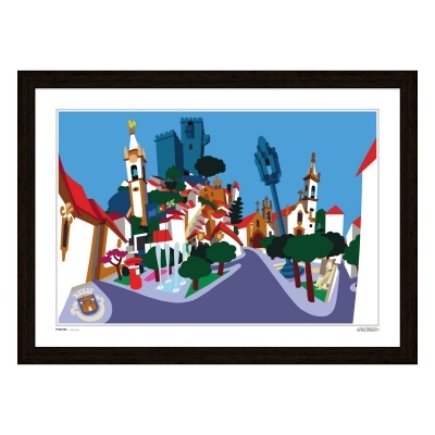 Quadro com imagem de cidade estilizada com torres e árvores coloridas