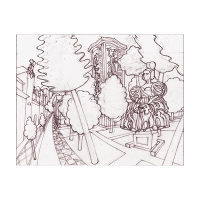 Desenho a preto e branco de rua urbana com árvores e escultura humana estilizada.