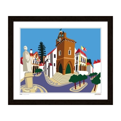 Ilustração colorida de cenário urbano histórico com torre e estátua