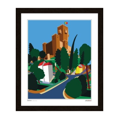 Ilustração colorida de castelo, árvores e casas em moldura preta