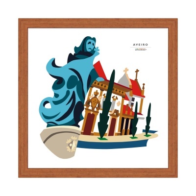 Ilustração colorida de monumentos de Aveiro em moldura de madeira