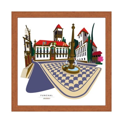 Ilustração colorida da cidade de Funchal com fonte central, edifícios e calçada padrão, quadro emoldurado em madeira