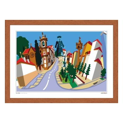 Ilustração colorida de uma rua com edifícios e estátua emoldurada em madeira