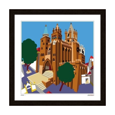 Ilustração de edifício histórico com torres em moldura preta