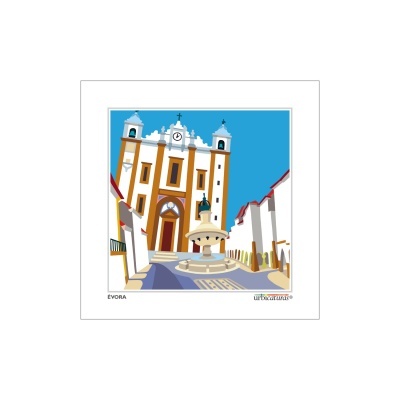 Ilustração de edifício histórico com fonte na praça em Évora