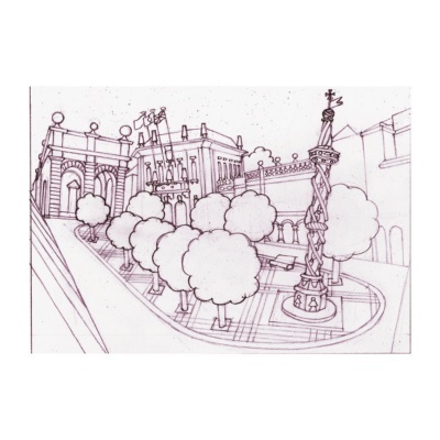 Desenho a preto e branco de uma praça urbana com árvores e edifícios