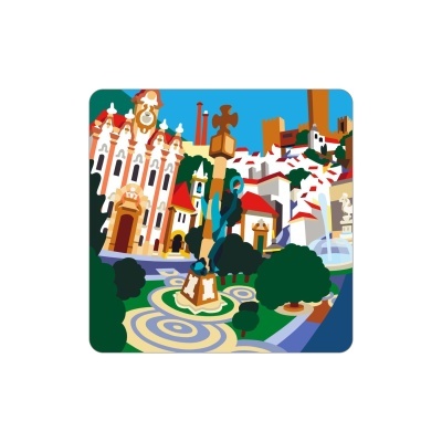 Arte digital colorida com edifícios históricos, estátua e arbustos num espaço exterior