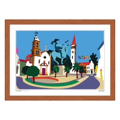 Ilustração colorida de praça com estátua e edifícios em moldura de madeira