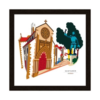 Ilustração colorida de edifício religioso, estátua e árvores com texto SANTARÉM