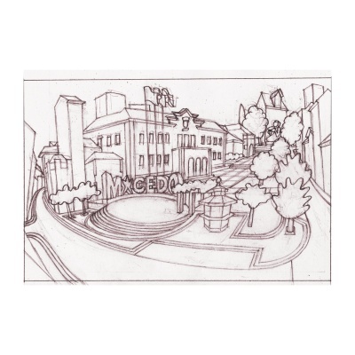 Desenho a lápis de praça urbana com árvores, edifícios e fonte central