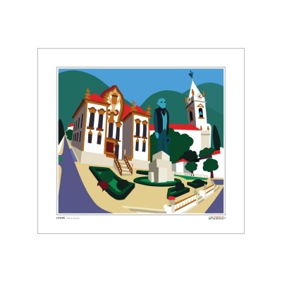 Ilustração digital de edifício, igreja, estátua e jardim num cenário urbano.