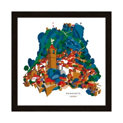 Ilustração colorida da vila de Monsanto com casas, igreja e vegetação, em quadro com moldura preta.