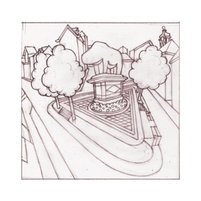 Desenho a lápis de um parque triangular com árvores, banco e estátua