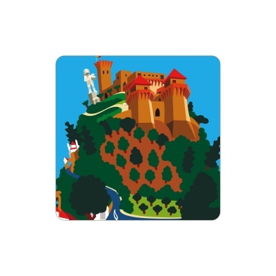 Ilustração de um castelo numa colina com árvores e céu azul