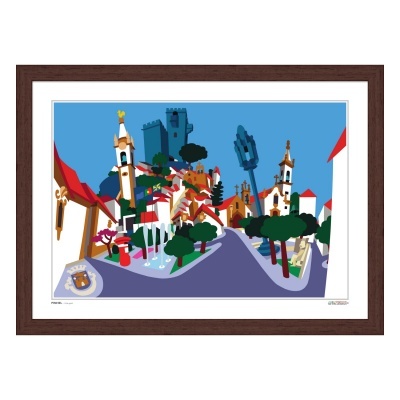 Ilustração urbana estilizada com torres, árvores e estrada em moldura castanha