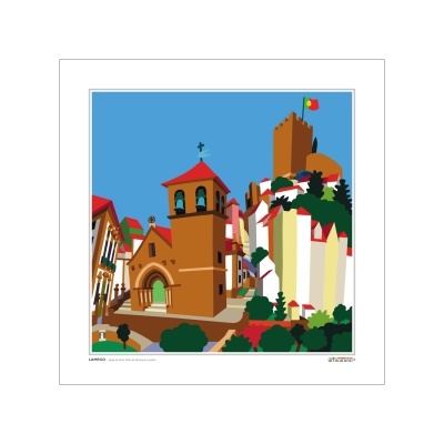 Ilustração de castelo e igreja com bandeira de Portugal e muros coloridos