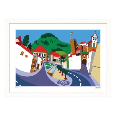 Gravura digital colorida de aldeia com telhados vermelhos e colina verde, em moldura branca.