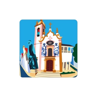 Ilustração digital de igreja e estátua em cores vibrantes.