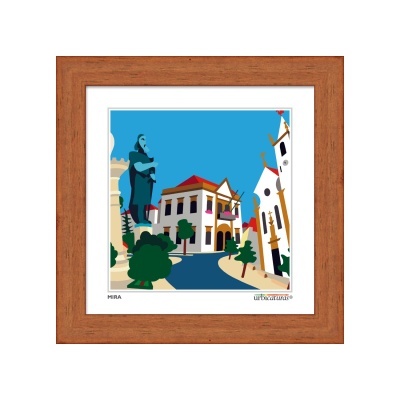 Ilustração colorida de rua com casas, monumento e árvores emoldurada em madeira