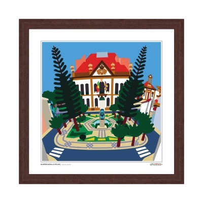 Ilustração digital de edifício com telhado vermelho e jardim com árvores