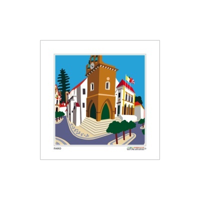 Ilustração gráfica colorida de edifícios históricos numa rua urbana com árvores verdes.