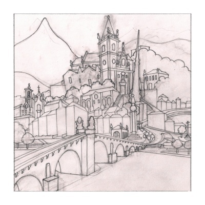 Desenho a lápis de paisagem urbana com ponte e edifícios