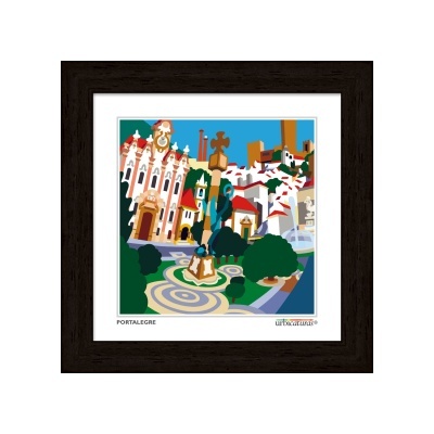 Ilustração colorida de Portalegre em moldura de madeira escura