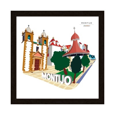 Ilustração colorida de Montijo com edifícios, árvores e texto em destaque