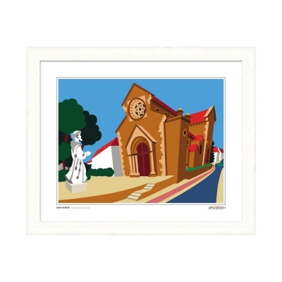 Imagem digital estilizada de uma igreja castanha com estátua branca e moldura branca