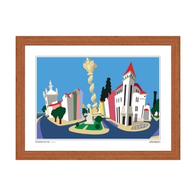 Ilustração colorida de prédios estilizados e escultura em moldura de madeira