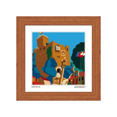 Ilustração digital colorida de castelo com moldura de madeira