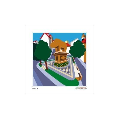 Ilustração de uma praça com estátua, árvores e casas ao fundo em estilo gráfico.