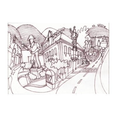 Desenho a lápis de praça com estátuas, edifícios e ruas curvas