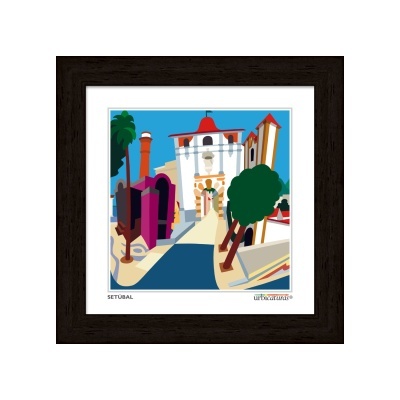 Quadro com ilustração colorida de edifício e árvores, texto 'SETÚBAL' e 'urbexatura'