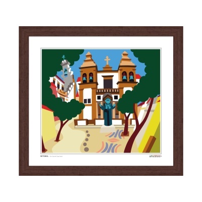 Ilustração gráfica colorida de uma igreja histórica em moldura castanha