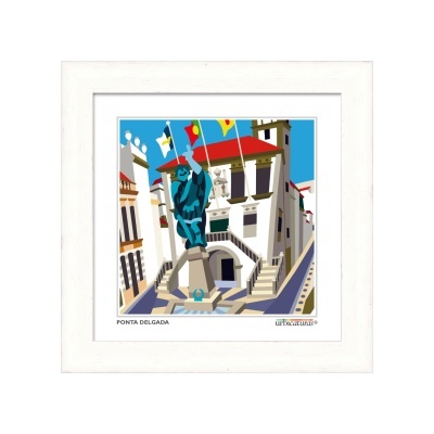 Imagem digital estilizada de Ponta Delgada com estátua azul e edifícios brancos com tetos vermelhos.