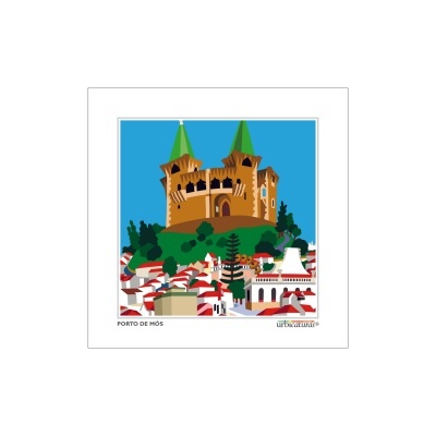 Desenho estilizado de castelo com colina e casas em Porto de Mós