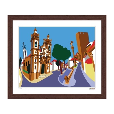 Quadro digital com ilustração de edifícios históricos e árvores em cores vivas