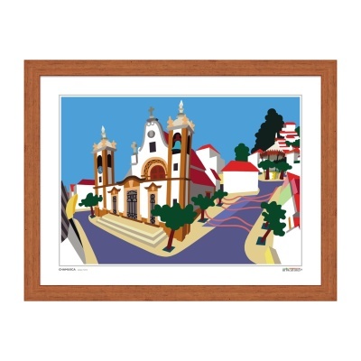 Ilustração colorida de igreja e casas com árvores num enquadramento de madeira.