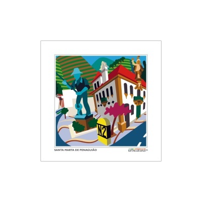 Ilustração colorida de Santa Marta de Penaguião com estátua, edifício e marco N2
