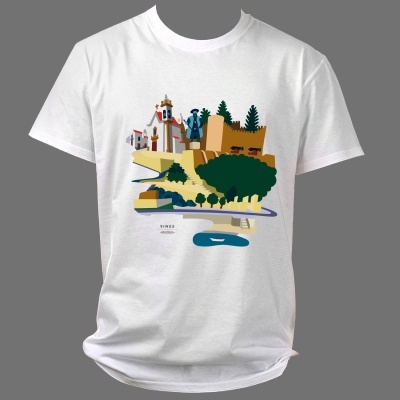 Camiseta branca com estampa de paisagem colorida e texto SIMOES ARQUIDIÓCESE