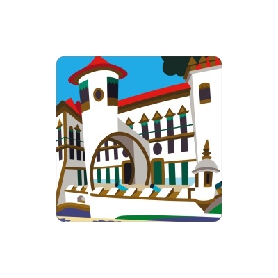 Ilustração colorida de castelo branco com torres e telhados vermelhos