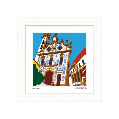 Ilustração colorida de edifício histórico com azulejos azuis em moldura branca