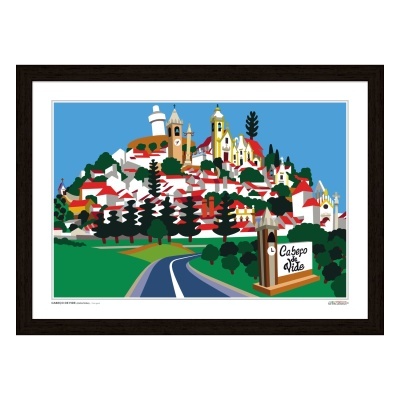 Ilustração colorida da vila Cabeço de Vide com casas, igrejas e árvores em quadro de moldura escura