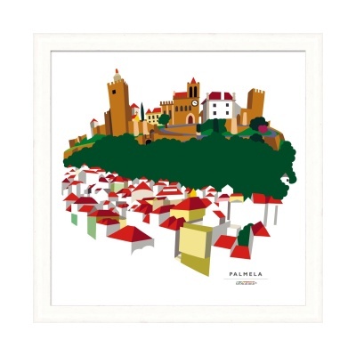 Ilustração gráfica da vila de Palmela com casas e castelos coloridos emoldurada